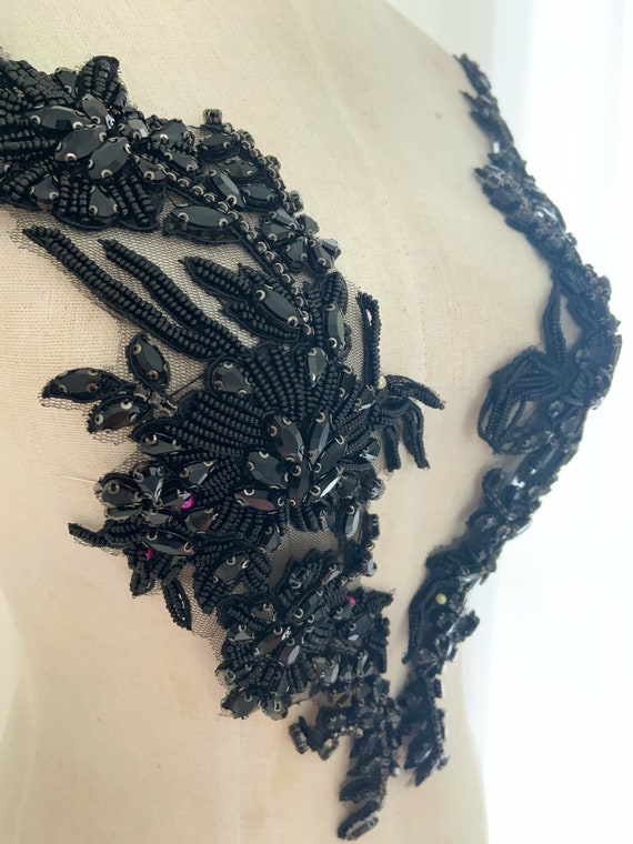 Black rhinestone applique for couture, dance costume, dress, black bodice patch for couture supplies