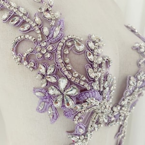 Light purple Rhinestone appliqué, handcraft crystal applique for neckline, couture supplies, wedding dress, dance costume supplies