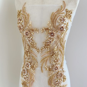 Champagne gold rhinestone applique, crystal bodice patch, heavy rhinestone patch applique for couture and dance costume