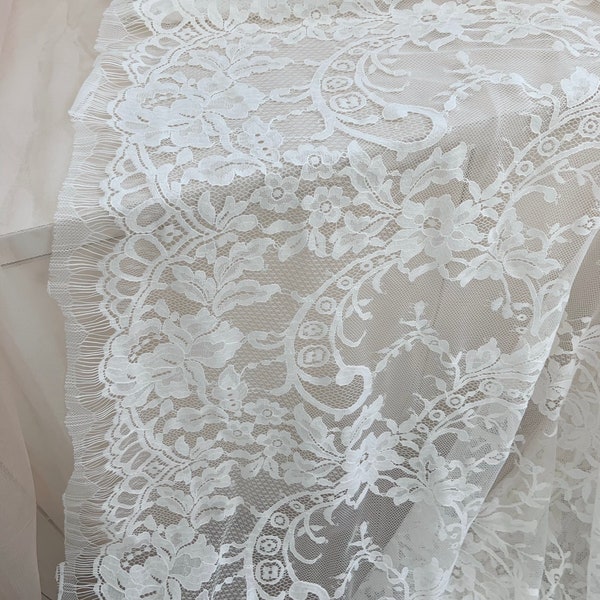 1.5 meter ivory French lace fabric, chantilly lace fabric with fringe, lace for bridal dress, wedding dress