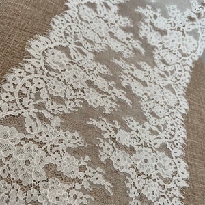 off white chantilly lace trim, double motif lace trim with eyelash fringe