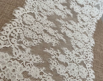off white chantilly lace trim, double motif lace trim with eyelash fringe