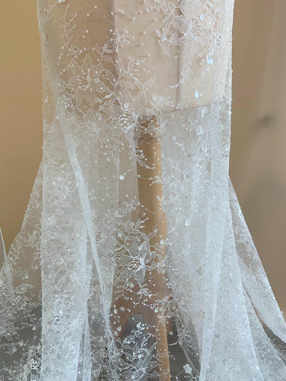 White bead Chantilly lace fabric with sequins, heavy beaded Chantilly lace fabric for wedding dress