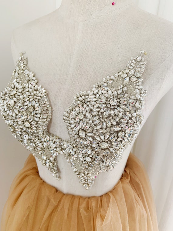 Rhinestone bodice applique, crafted crystal applique for wedding dress, dance costume, fancy bra, headpiece