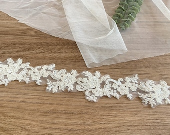 ivory cord lace trim for bridal veil,  bridal alencon lace trim, sequined and bead lace trim for wedding dress by the yard