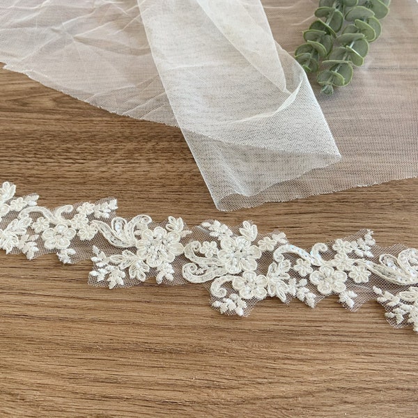 ivory cord lace trim for bridal veil,  bridal alencon lace trim, sequined and bead lace trim for wedding dress by the yard