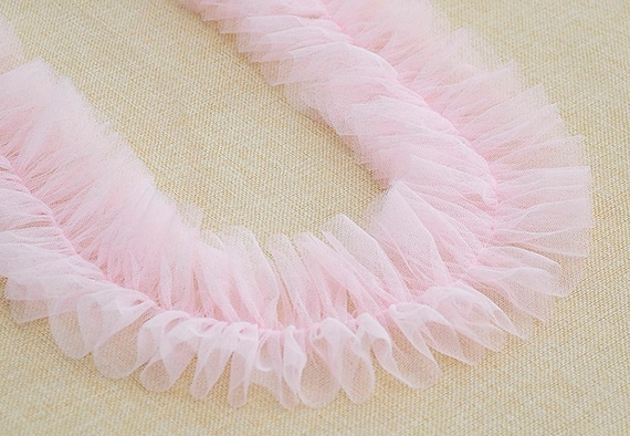 light pink ruffled tulle trim, frill trim, pleated mesh trim, tutu dress fabric, ruffle mesh, wedding decors, craft supply