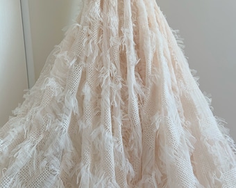 3d Shabby tulle Fabric with knitted checks for dress, shabby tulle fabric with fringes