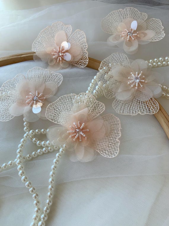 5pcs peach lace flower appliqué with sequins, 3d floral patch with beads , handcrafted florals for supplies