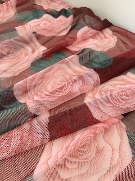 French 4 way stretch tulle fabric with roses, printed power stretchy mesh fabric with art flowers, elastic tulle fabric for skintight dress