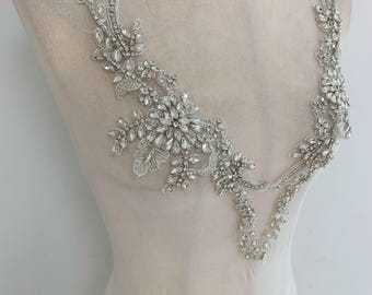 Silver Rhinestone applique with flowers, rhinestone neckline applique for dress alterations, garments supplies