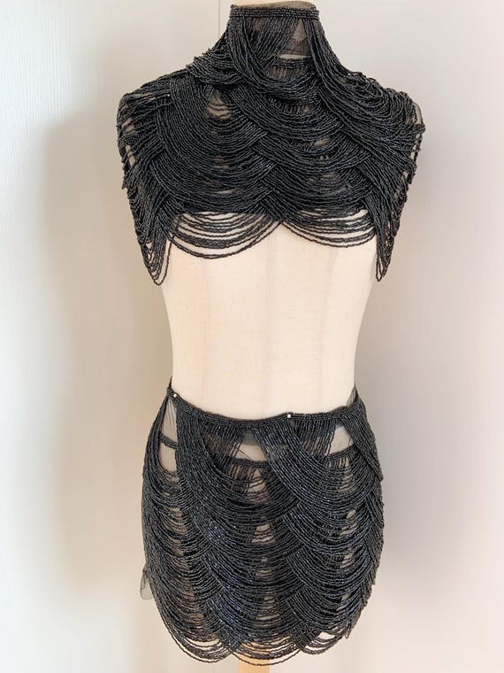 Glamorous black fringe embellishment for garment, beading body jewelry , bead fringe cape appliqué for couture, dress, dance costume