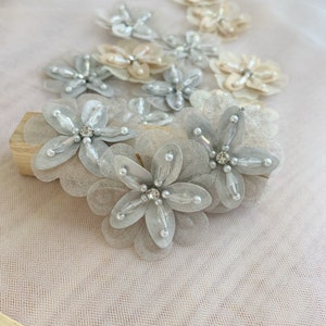 5pcs grey florals applique, 3d flower patch with rhinestone, handcrafted flowers for couture