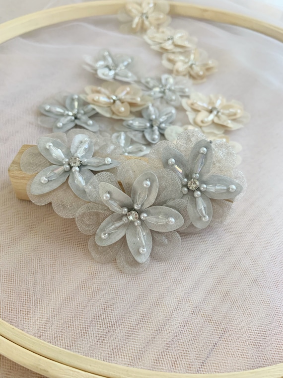 5pcs grey florals applique, 3d flower patch with rhinestone, handcrafted flowers for couture