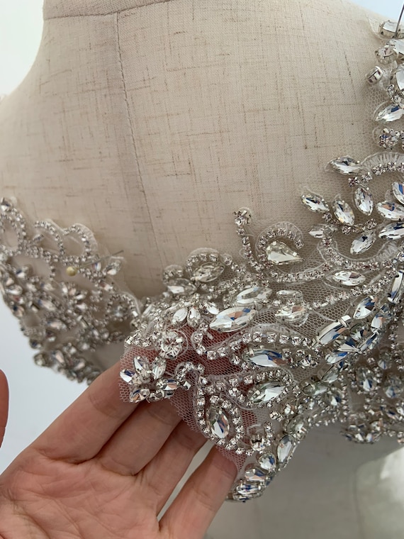 Rhinestone bead applique, crystal bodice patch, heavy bead handmade bodice patch