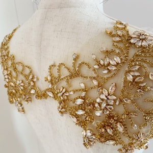 Champagne gold Rhinestone bead applique, crystal bodice patch, heavy bead handmade bodice patch