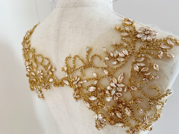 Champagne gold Rhinestone bead applique, crystal bodice patch, heavy bead handmade bodice patch