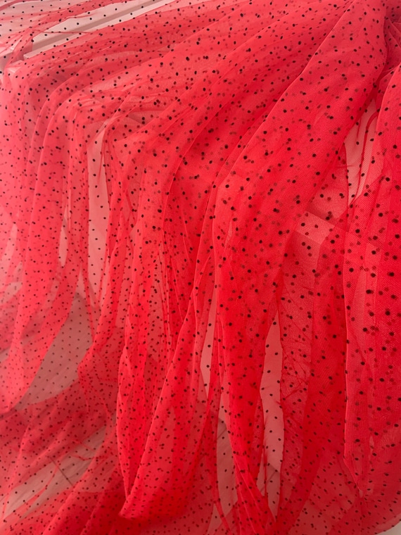 Red tulle fabric with tiny velvet dots, sheer tulle fabric with mini polka dots for dress, couture, prop