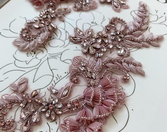 Mauve pink Rhinestone applique patch with 3d florals for garment, apparel