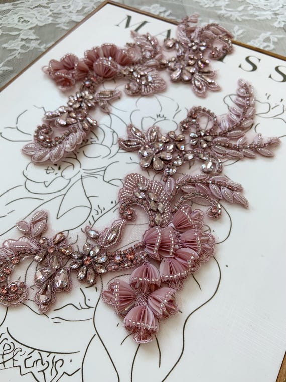 Mauve pink Rhinestone applique patch with 3d florals for garment, apparel
