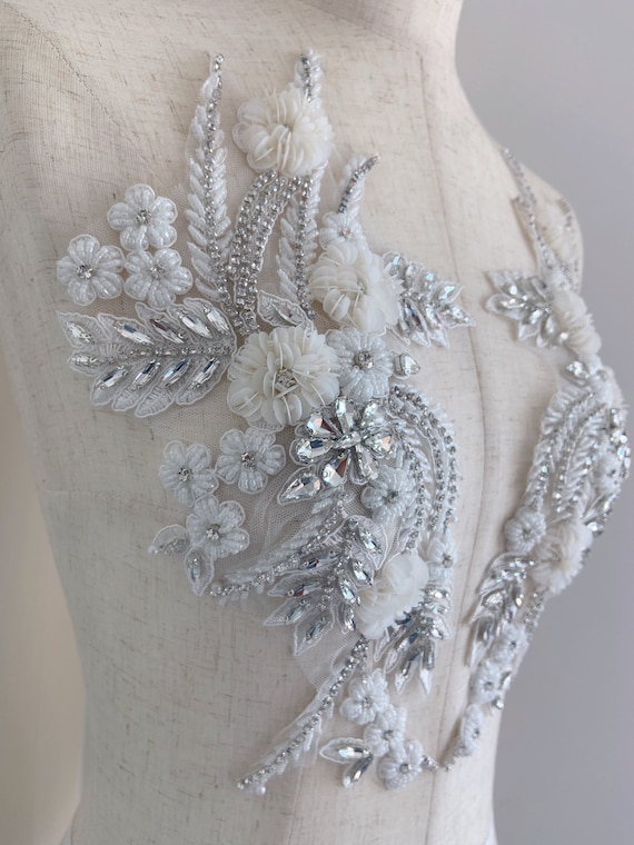 off white Rhinestone applique with 3d flowers for wedding dress, dance costume