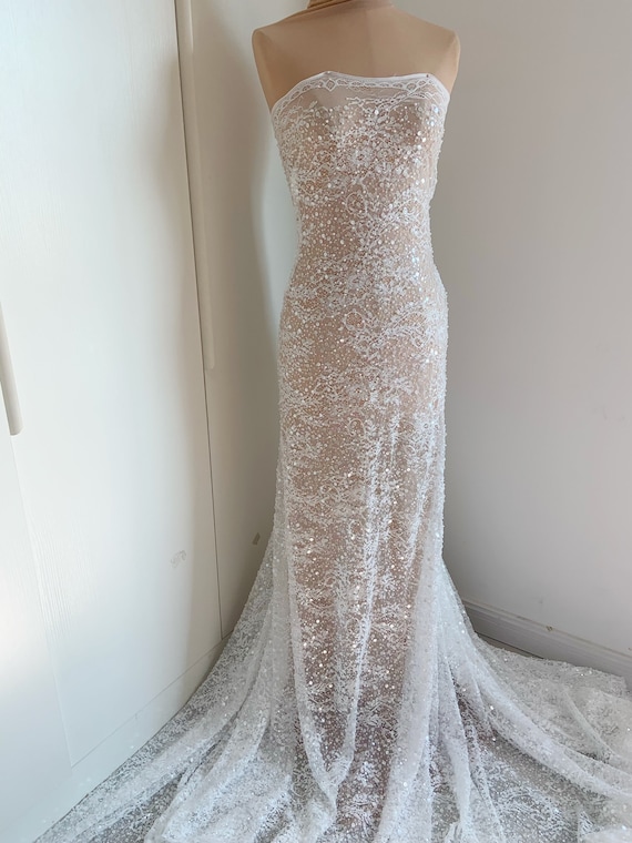 off white Chantilly lace fabric with sequins and beads, beaded chantilly lace fabric for bridal dress