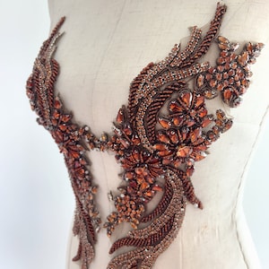 Brown French bead applique, crystal bodice patch, heavy rhinestone bead applique for couture and dance costume