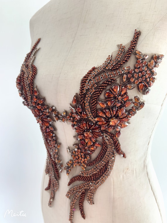 Brown French bead applique, crystal bodice patch, heavy rhinestone bead applique for couture and dance costume