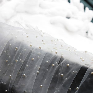 pearl bead tulle fabric, heavy bead mesh lace fabric, bridal tulle lace fabric with pearls image 4