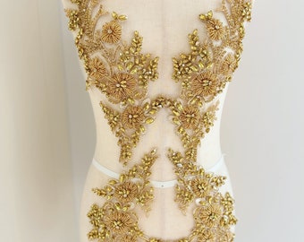 Gold flowers rhinestone applique, crystal bodice patch, heavy rhinestone bead applique for couture and dance costume