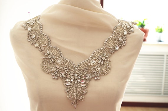 rhinestone applique for neckline, crystal collar applique for couture altering |  ZP081L