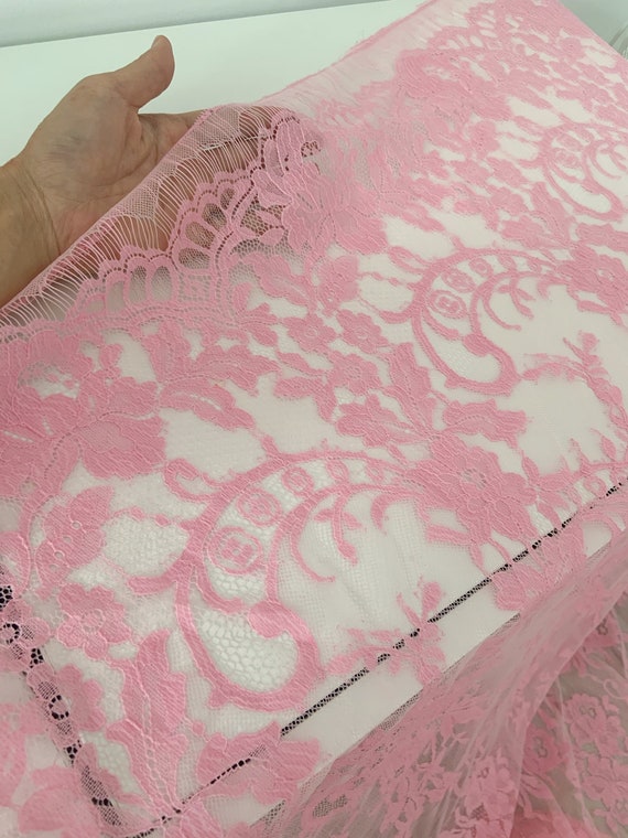 1.5 meter pink French lace fabric, chantilly lace fabric with fringe, lace for bridal dress, wedding dress