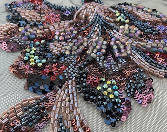 Black bead embroidery flower applique heavy bead flowers patch for dress, supplies