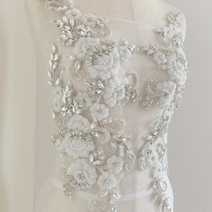 off white rhinestone applique, handcrafted crystal bodice patch with 3d flowers, heavy bead applique for couture and dance costume