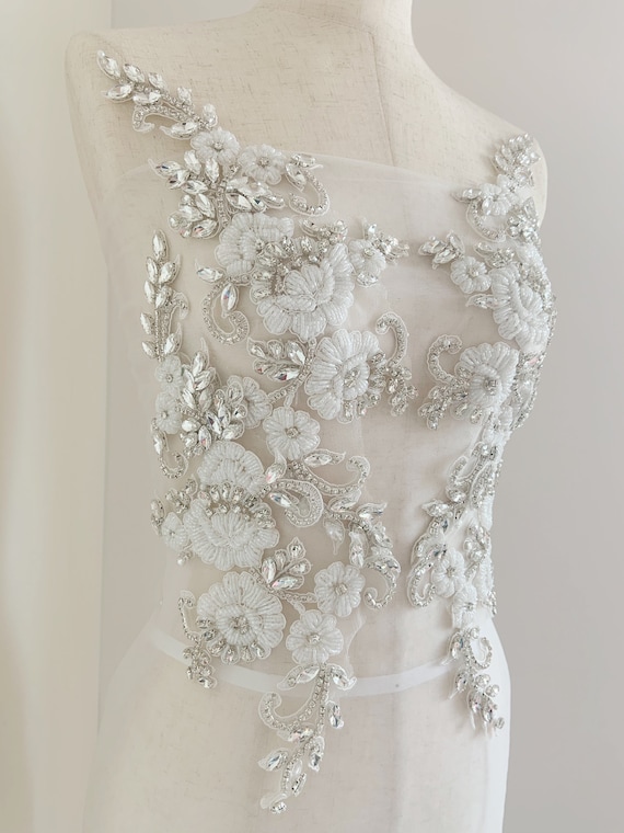 off white rhinestone applique, handcrafted crystal bodice patch with 3d flowers, heavy bead applique for couture and dance costume
