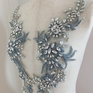 Pale blue rhinestone appliqué  for couture, costume, dress, crafted florals bodice patch