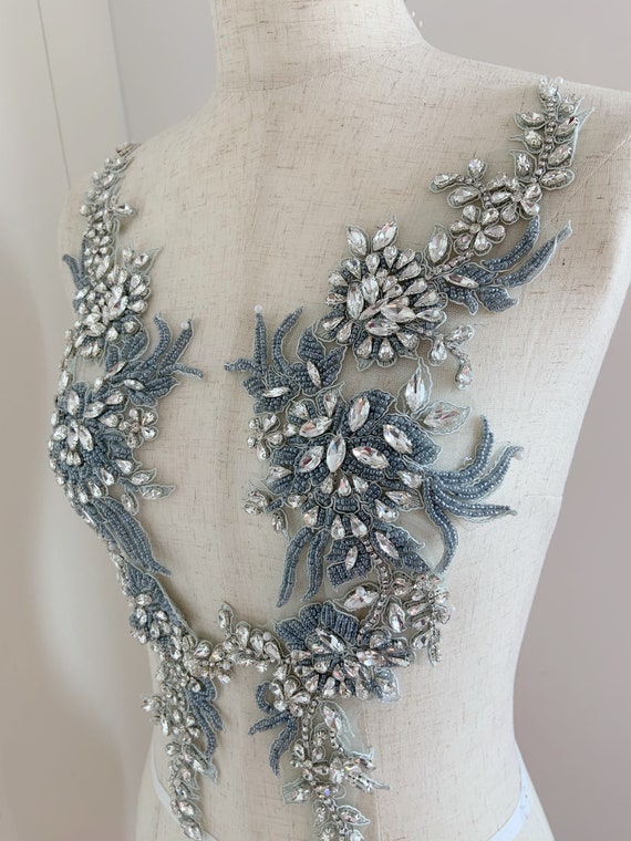 Pale blue rhinestone appliqué  for couture, costume, dress, crafted florals bodice patch