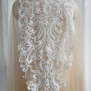 Large bridal lace applique, heavy bead lace applique