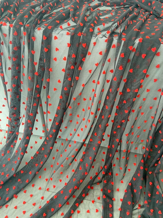 4 Way Stretch Tulle Fabric With Red Velvet Hearts, Pink
