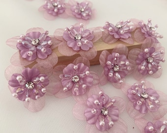 5 pcs  purple handcrafted flowers applique, handmade flowers petals with rhinestone and beads