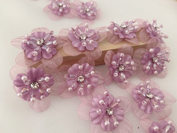 5 pcs  purple handcrafted flowers applique, handmade flowers petals with rhinestone and beads