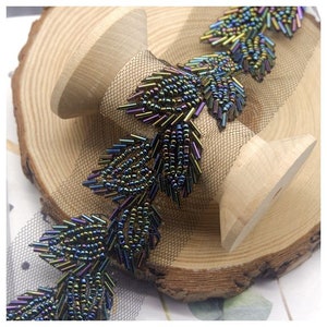 1.7 yards black AB heavy bead trim with leaves, bugle bead trim belt for couture
