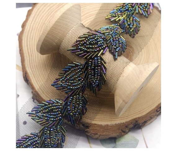 1.7 yards black AB heavy bead trim with leaves, bugle bead trim belt for couture