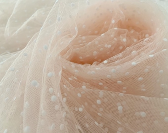 Light pink tulle Lace fabric with flocking polka dots