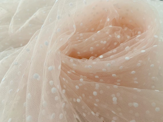 Light pink tulle Lace fabric with flocking polka dots