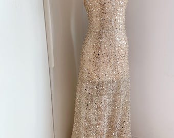 Tela de encaje Chantilly con cuentas beige, tela de encaje Chantilly elástica para vestido de fiesta.