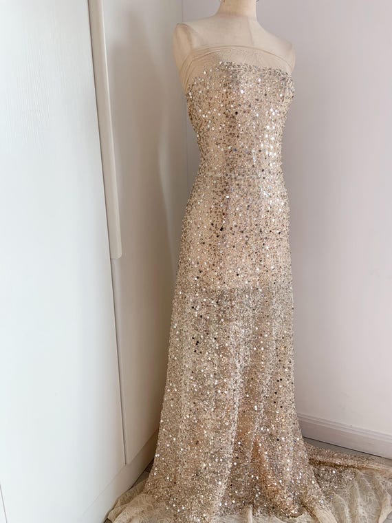 Beige beaded Chantilly lace fabric, stretch chantilly lace fabric for dress prom dress