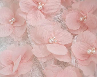 3D pink rosette trim,  lace applique, 3D bead lace applique with rosette, 3D flowers lace applique, bridal lace appliques, bridal headpiece