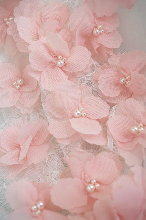3D pink rosette trim,  lace applique, 3D bead lace applique with rosette, 3D flowers lace applique, bridal lace appliques, bridal headpiece