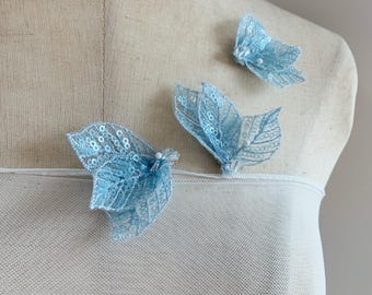 Baby blue leaves applique, sequin bead leaves applique, green bead leaves patch 5pcs